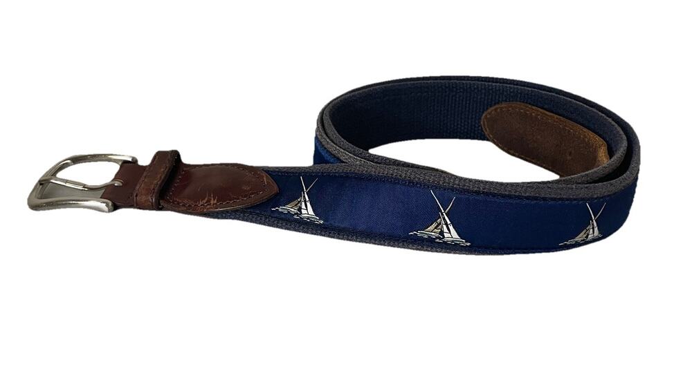 Belted Cow Co Nautical Sailboat Ribbon Club Belt Mens 44 Leather Preppy Yacht